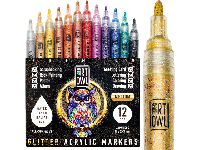Acrylic Glitter Paint Marker Pens, Medium Pens for Rock Painting, Stone, Ceramic, Glass, Wood, Fabric, Card Making, Canvas, DIY Crafts - Set of 12...