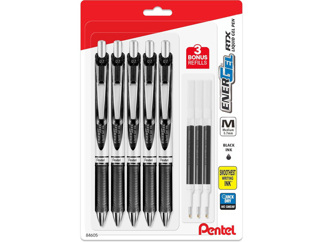 Pentel Energel 0.7 mm Deluxe RTX Liquid Gel Ink Pens, Metal Tip, Pack of 5 Black Pens with 3 Refills