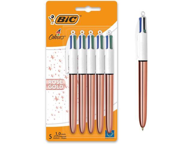 BIC 4 Colours Rose Gold Pen, Multi Coloured Pens All In One, Retractable Ballpoint Pen, Medium 1.0mm, Green, Blue, Red, Black, 5 Pens Per Pack, 1 Pack