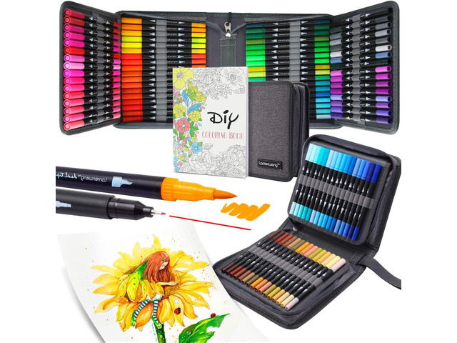100 Colors Duo Tip Brush Markers Art Pen Set, Fine Brush Tip Colored Pens Set with Canvas Bag,Adult Coloring Books Drawing Sketching Calligraphy