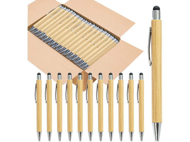 250 Pack Bamboo Pens Bulk with Touch Stylus Tip Wooden Bamboo Pens Engraving Wooden Ballpoint Pen Customizable Gift Pen Bulk