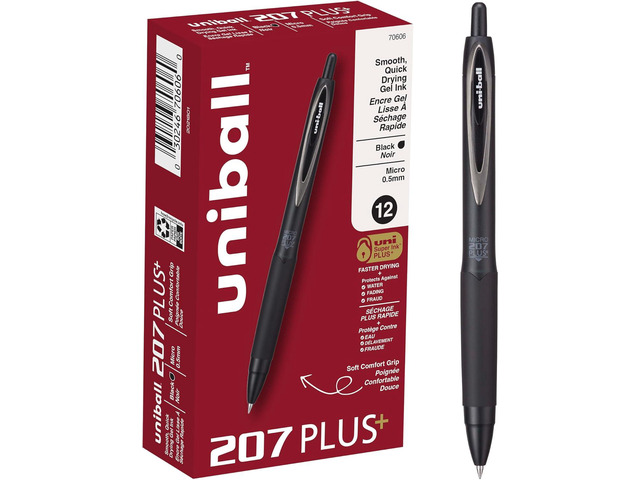 uniball 207 Plus+ Retractable Gel Pens, Micro Point (0.5mm), Black, 12 Pack