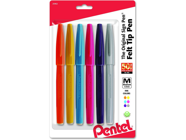 Pentel Arts Sign Pen Brush Tip, Assorted Ink, 6-Pk (S520RBP6M)