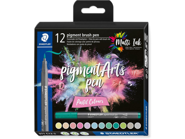 STAEDTLER Pigment Arts Brush Pen, Pastel Colours, Pack of 12 Pens, 371 C12-2