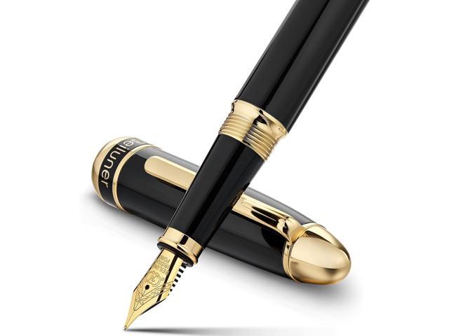 BEILUNER 315 Black Fountain Pen,Stunning Luxury Pens with 24K Gold Accents, Gorgeous 24K Gilded Nib(Medium), Ink Converter,Fancy Pen Gift for...