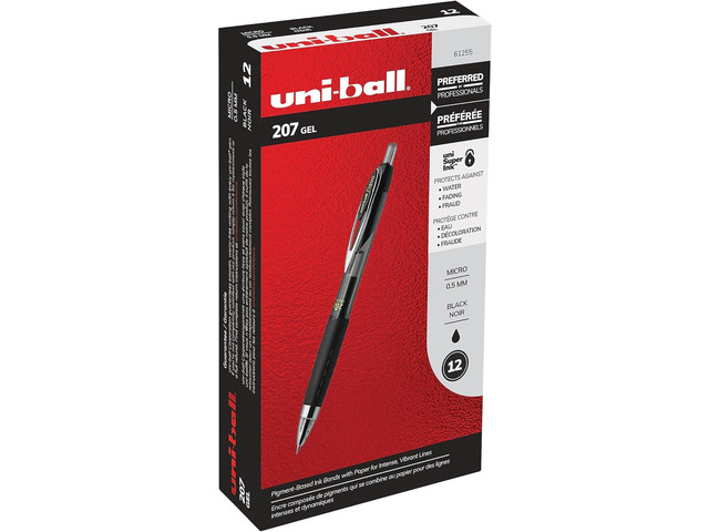 Uni-Ball Signo 207 Gel Pen 12 Pack, 0.5mm, Black, Writing Instrument