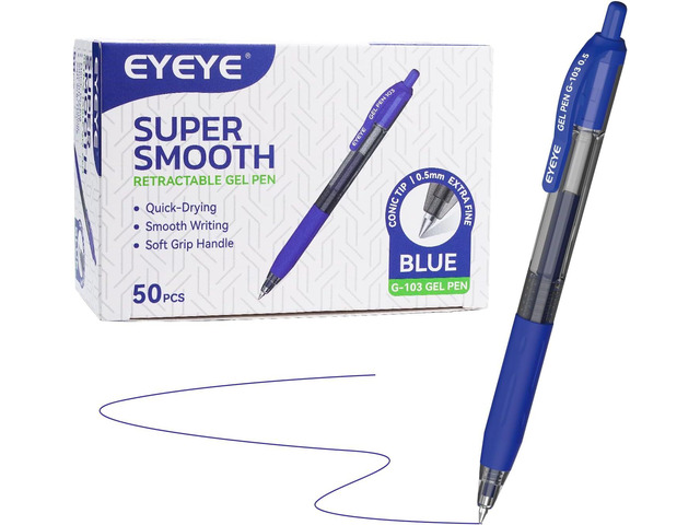 EYEYE G-103 Retractable Gel Pen 0.5mm, 50 Pack Extra Fine Point Blue Ink Pens Quick Drying, Ballpoint Pen Fine Point Smooth Writing Pens for for...