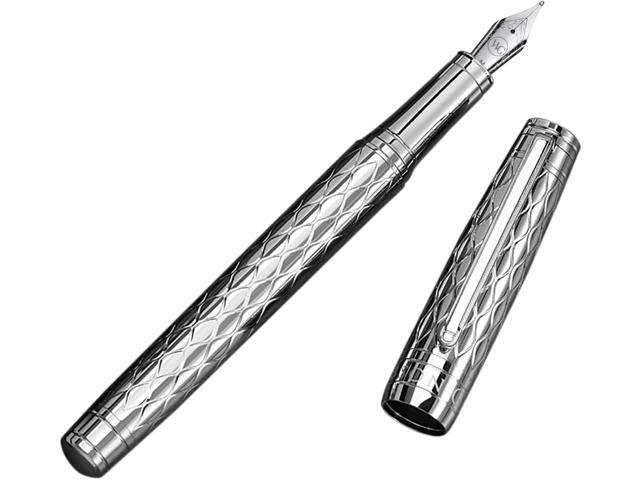 The Mirror Silver Luxury Executive Fountain Pen, Woven Chrome Finish, Medium Nib, Smudge Free, No Bleed, Use Any Fountain Ink with Included...