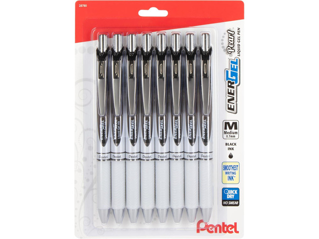 Pentel EnerGel Pearl Retractable Liquid Gel Pen, 0.7mm, Medium Line, Black Ink, 8-Pk (BL77PWBP8A)