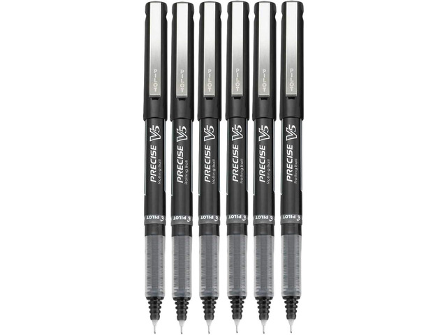 Precise V5 Stick Rolling Ball Pens, Extra Fine Point (.5mm), Black Ink, 6-pk; Bundle with Plastic Reusable Pouch
