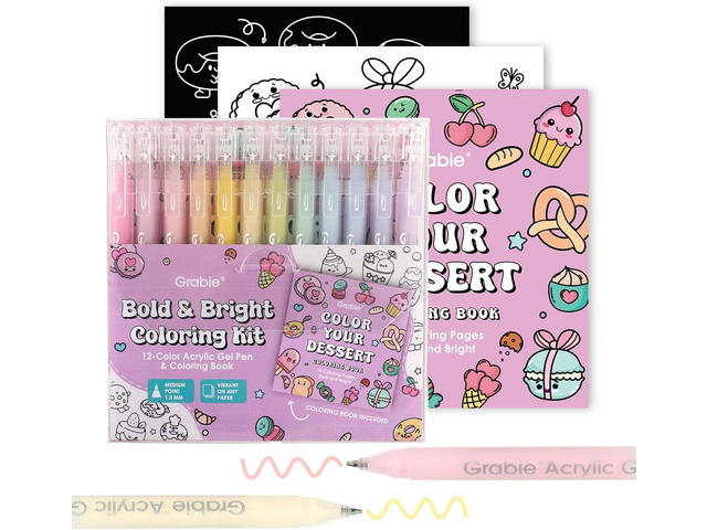 Grabie Coloring Kit, Acrylic Gel Pens Set with Coloring Book, 1.0mm Medium Tip Opaque Gel Pens for Adult Coloring Books, Drawing, Journaling,...