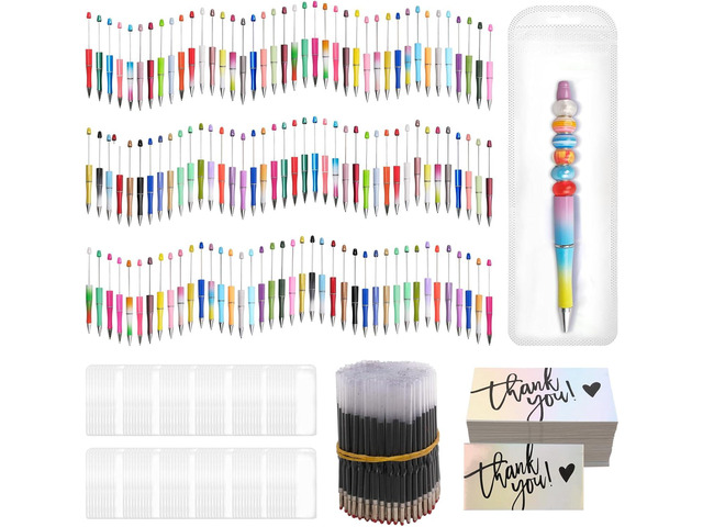 600 Pcs Plastic Beadable Pens Bulk Beadable Pens Kit 120 Ballpoint Pen Black Ink Beaded Pens with 240 Refills 120 Pen Packaging Bags 120 Thank You...