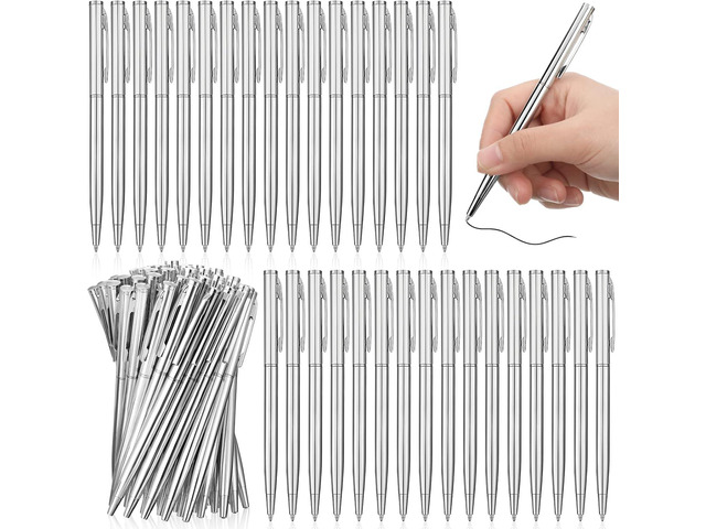 Lincia 100 Pieces Silver Slim Metal Ballpoint Pen 1 mm Medium Black Ink Smooth Writing Silver Retractable Point Metal Pen for Graduation Office...
