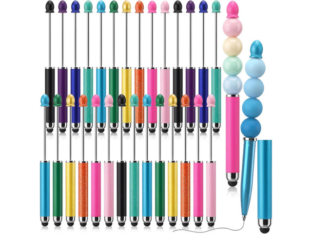 Qilery 30 Pcs Beaded Pens with Stylus Tips Plastic Beaded DIY Stylus 2-in-1 for Rubber Touch Screen Handwriting Ballpoint Pen 1.0mm, Black...