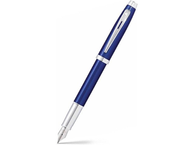 Sheaffer 100 Glossy Blue Lacquer Fountain Pen with Polished Chrome Trim and Medium Nib