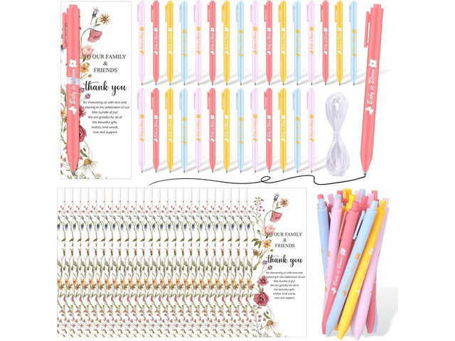 Feifeiya 100 Pcs Baby in Bloom Baby Shower Decorations Wildflower Thank You Gifts for Guests 50 Retractable Flower Ballpoint Pens with 50 Thank You...