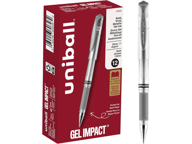 uniball Signo Gel Impact Pens, Bold Point (1.0mm), Silver Metallic, 12 Pack