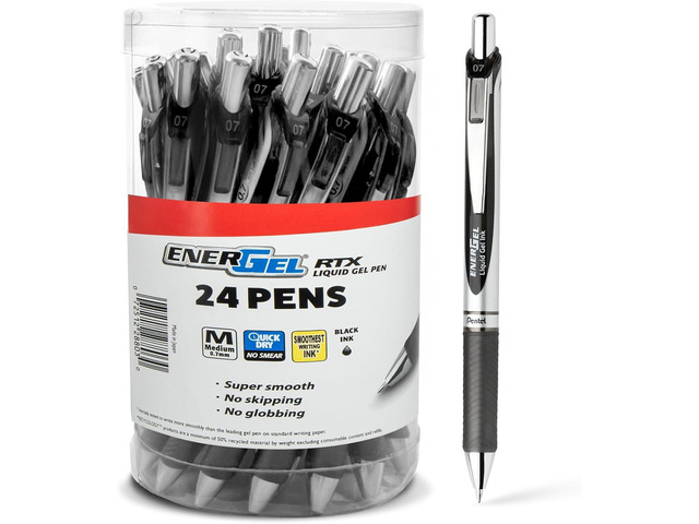 Pentel Energel Liquid Gel Ink Pens 0.7 mm Medium Point, RTX Retractable Metal Tip, Pack of 24