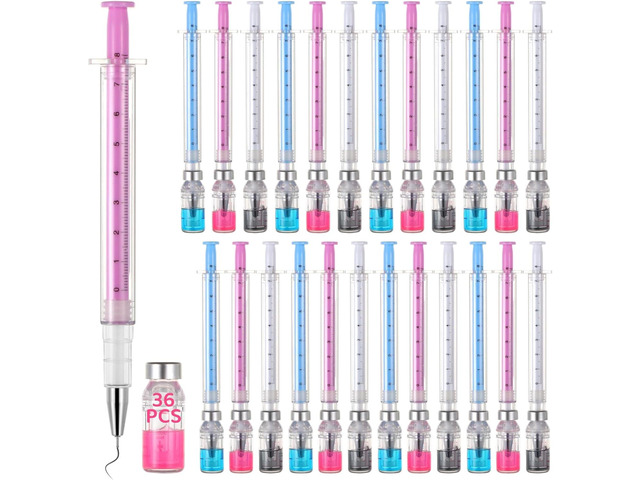 36 PCS Syringe Pens, 0.5mm Black Ink Syringe Pen, Gel Pen with Cap, Multicolor Fun Nurse Pens, Imaginary Doctor Play Syringe School Novelty Pens...
