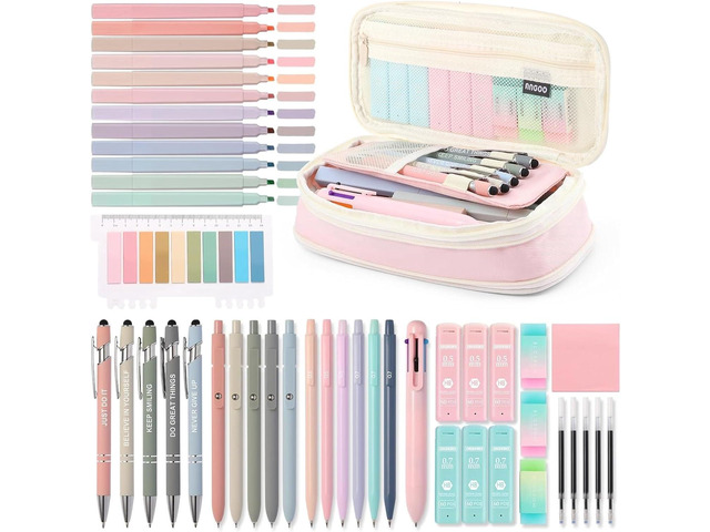 56 PCS Aesthetic School Supplies with Large Pencil Case, 5 Inspirational Ballpoint Pens, 12 Pastel Highlighters, 5 Black Ink Gel Pens, 6 Mechanical...