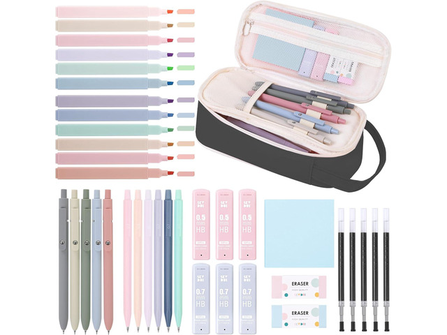 SKYDUE Cute School Supplies 38 PCS, Pencil Case with 12 Pastel Highlighters, 5 Black Gel Pens, Mechanical Pencils, College Essentials Students...