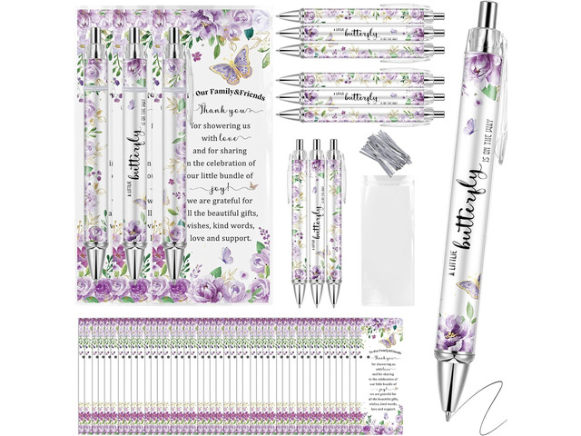 50 Sets Purple Butterfly Theme Baby Shower Favors for Guest, Gender Reveal Party pens, Baby Shower Pens with 50 Rolling Paper Ballpoint Pens and 50...