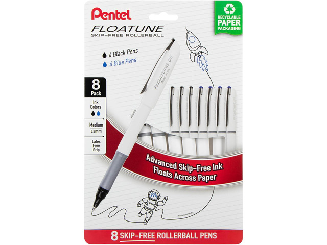 Pentel Floatune Rollerball, 0.8mm medium point, Black & Blue Ink, Pack of 8 pens (BY108PF8AC)