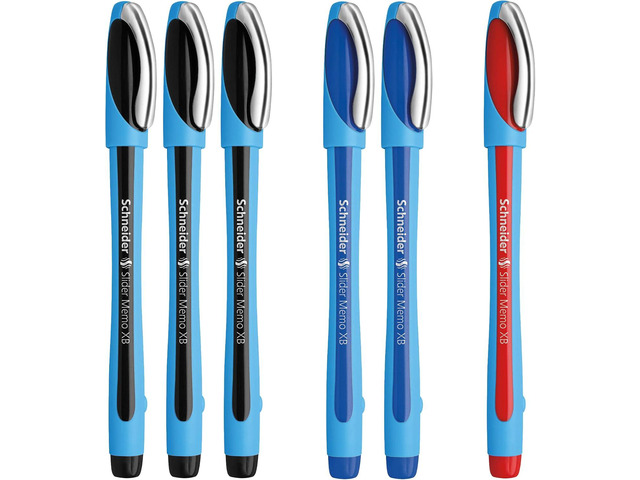 Slider Memo XB Ballpoint Pens by Schneider, Extra Bold Point, 6 Pens, Includes 3 Black 2 Blue 1 Red
