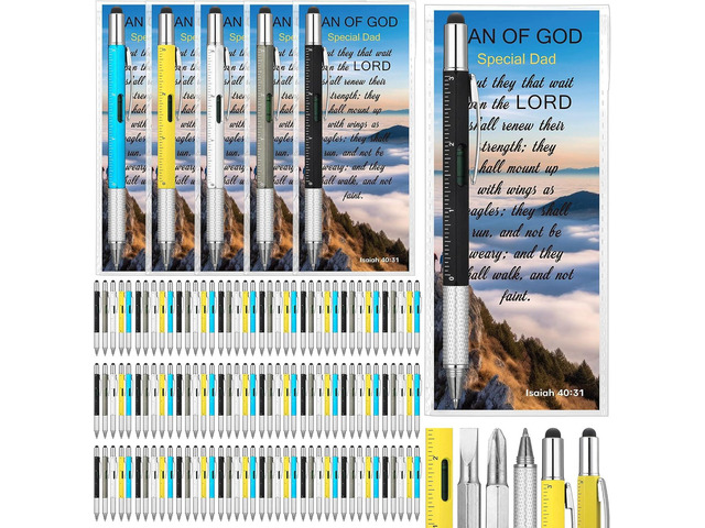 Sayglossy 120 Set Fathers Day Church Gifts Bulk Man of God 6 in 1 Multi Tool Pen with Religious Bible Verse Bookmarks Church Pastor Multi Tool...