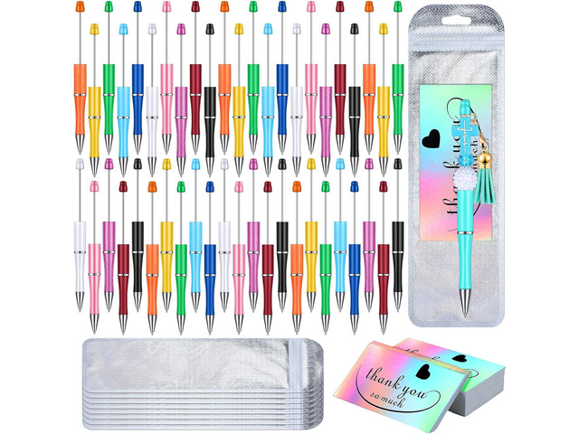 Yeaqee 150 Pieces Beadable Pens Kit 50 Pieces Colors Plastic Beaded Ballpoint Pens Bulk 50 Foil Thank You Cards with 50 Resealable Packaging Bags...
