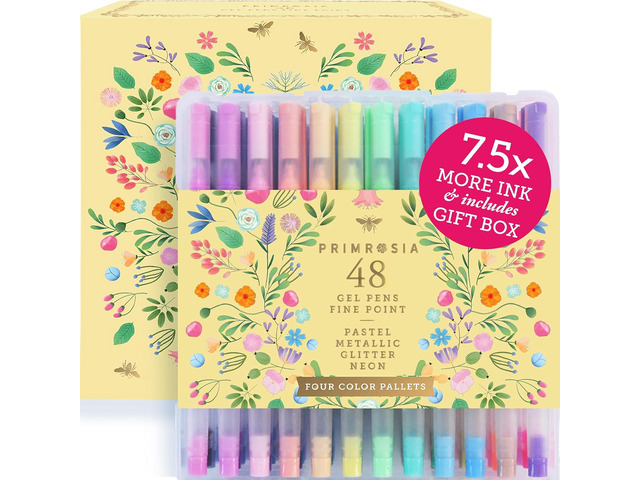 Primrosia 48 Gel Pens, inc. Metallic, Pastel, Glitter & Flourescent for Adult Coloring Book & Dot Grid Journal Pens. No-Bleed-Through in a Variety...