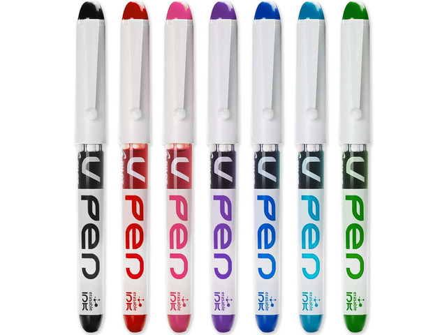 PILOT V PEN - Erasable Disposable Fountain Pen - 0.6mm Nib Tip - Medium Line - Pack of 7 - Black, Red, Pink, Violet, Blue, Peacock & Green