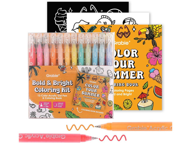 Grabie Coloring Kit, Acrylic Gel Pens Set with Coloring Book, 1.0mm Medium Tip Opaque Gel Pens for Adult Coloring Books, Drawing, Journaling,...