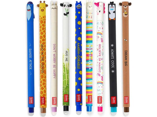 LEGAMI Set of 9 erasable gel pens with new monster pen set with shark, giraffe, bunny, panda, llama, unicorn, penguin, teddy and monster