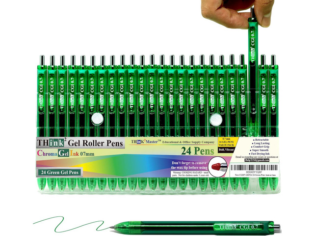 [24 Pens - Green Ink] Think2 0.7mm CGI Retractable Gel Pens. (24 Green) Medium Point Rollerball Pens with Smooth Quick Drying Ink.