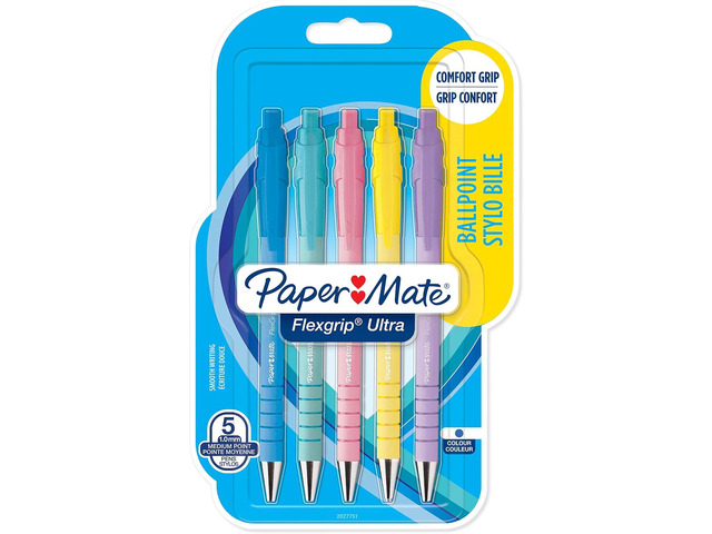 Paper Mate Flexgrip Ultra Pastel Ballpoint Pens Medium Point (1.0mm) Blue Ink Pastel Barrels 5 Count
