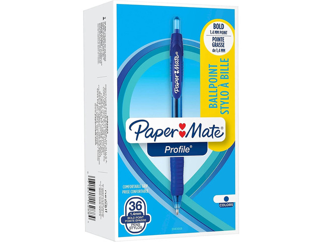 Paper Mate Profile Ballpoint Pen, Retractable, Bold 1.4 Mm, Blue Ink, Blue Barrel, 36/pack