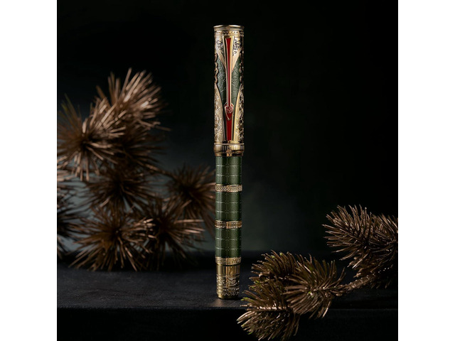 HONG DIAN D5 Qin Dynasty Fountain Pen Green Gold, Extra Fine Nib Piston Filling Pen, Retro Chinese Totem Engraving Smooth Writing Pen with Pen Box Set
