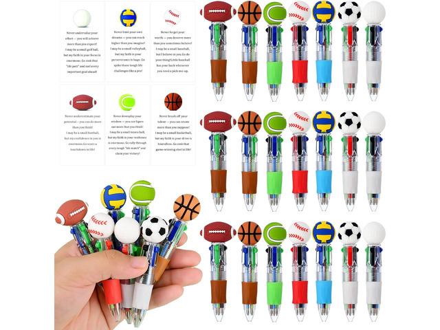 Scettar 28 Pack Sport Party Favors 4-in-1 Ballpoint Pens, 0.5mm Retractable Sport Theme Pens with Emotion Support Card for Sport Lover, Novelty...