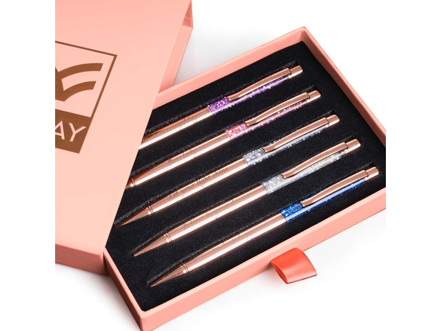 Veway - Luxury Pens for Women, 5 Glitter Rose Gold Writing Pens, Exclusive Pen Sets for Women Gift, Refillable Ballpoint Gift Set for Teachers,...
