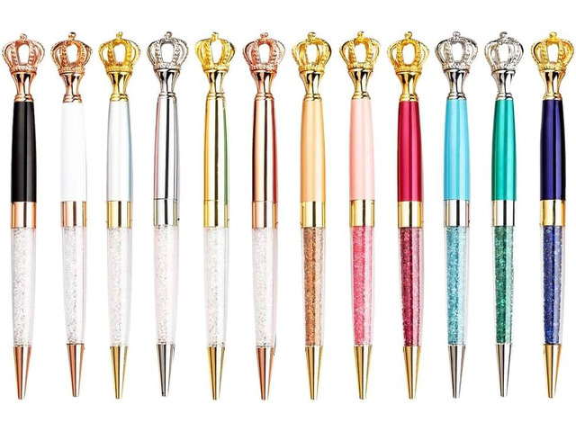 12 Pack Fancy Crown Pens, Assorted Colors Metal Ballpoint with Hollow Crushed Diamond Top, Bling Desk Decor, Black Ink for Wedding Guest Book,...