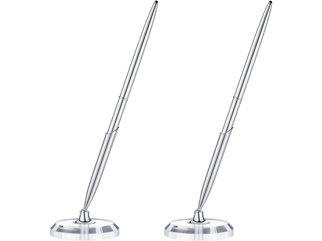 Chinco 2 Sets Silver Guest Book Pens Including 2 Metal Guest Sign in Pens, Black Ink and 2 Round Base Stands for Wedding Engagement Party Business...