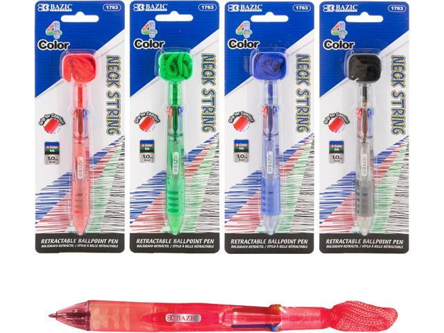 BAZIC PRODUCTS Ballpoint Pen 4-Color Pens w/Neck String & Soft Grip, 1.0 mm Bold Point Smooth Writing, for Office School Teacher (1/Pack), 24-Pack