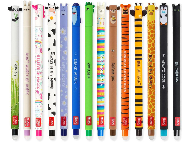 LEGAMI - Set of 14 Cute Erasable Gel Pens with Thermosensitive Erase Ink, Range of ink colours & barrel designs, 0.7mm Tip, Animal Designs, Panda,...