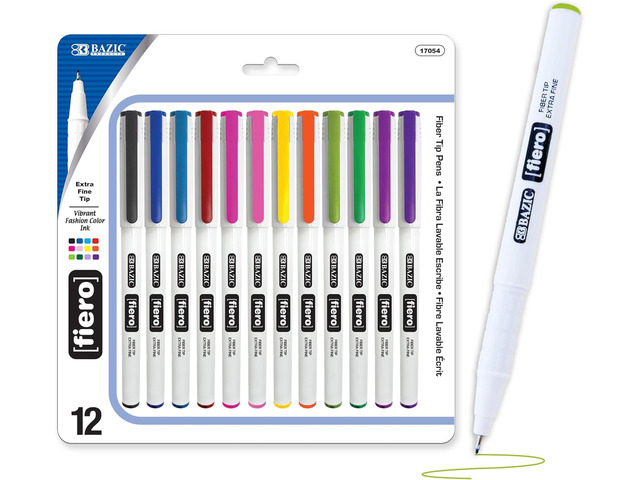 BAZIC PRODUCTS Fiero Fiber Tip Pen, Fineliner Pens 0.4mm 12 Assorted Color Extra Fine Point, Writing Drawing for Graphic Office School (12/Pack),...