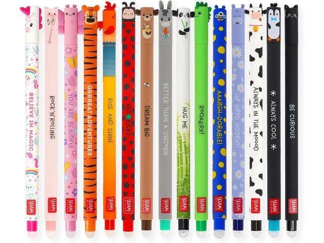 LEGAMI - Set of 15 Erasable Gel Pens with Thermosensitive Erase Ink, Range of ink colours & barrel designs, 0.7mm Tip, Animal Designs, Ladybug,...