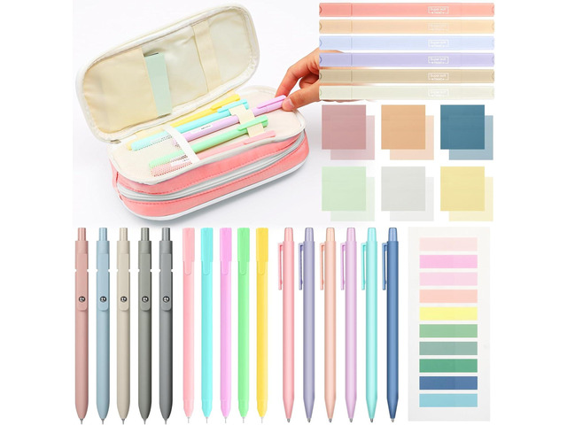 30 Pcs Aesthetic School Supplies with Pencil Case 6 Mechanical Pencil 5 Ballpoint Pen 5 Quick Dry Pen 6 Pastel Highlighter Transparent Sticky Index...