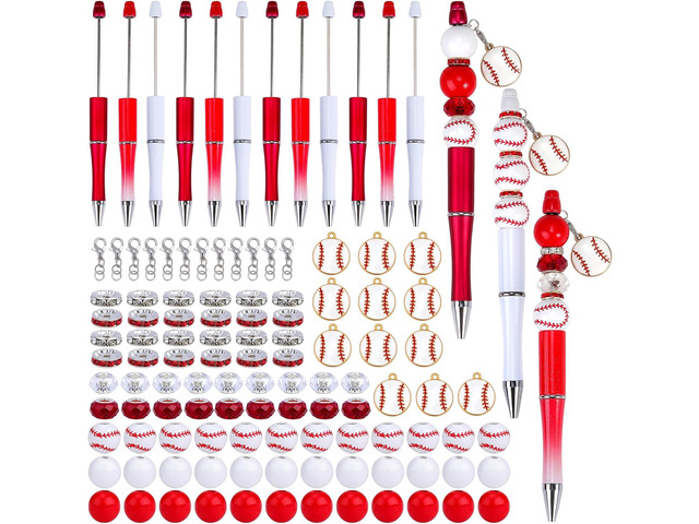 12 Pcs Beadable Pens Diy Assorted Bead Pens Wood Bead Crystal Spacer Beads Black Ink Diy Ballpoint Pen Set Baseball Pendant For Women School Office...