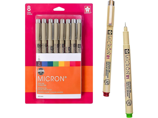 SAKURA Pigma Micron Fineliner Pens - Archival Colored Ink Pens - For Writing, Drawing, or Journaling - Colored Ink - 01 Point Size - 8 Pack