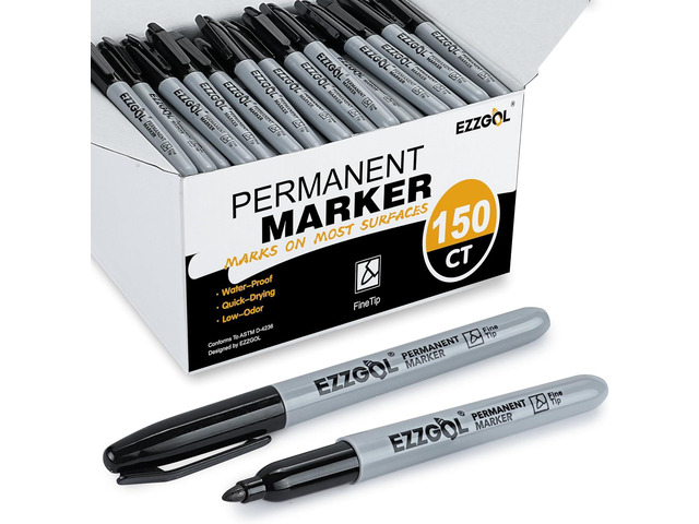 Ezzgol Permanent Markers Bulk, 150 Pack Fine Tip Black Permanent Markers, Waterproof Markers, Premium Smear Proof Pens, Quick Drying, Office...